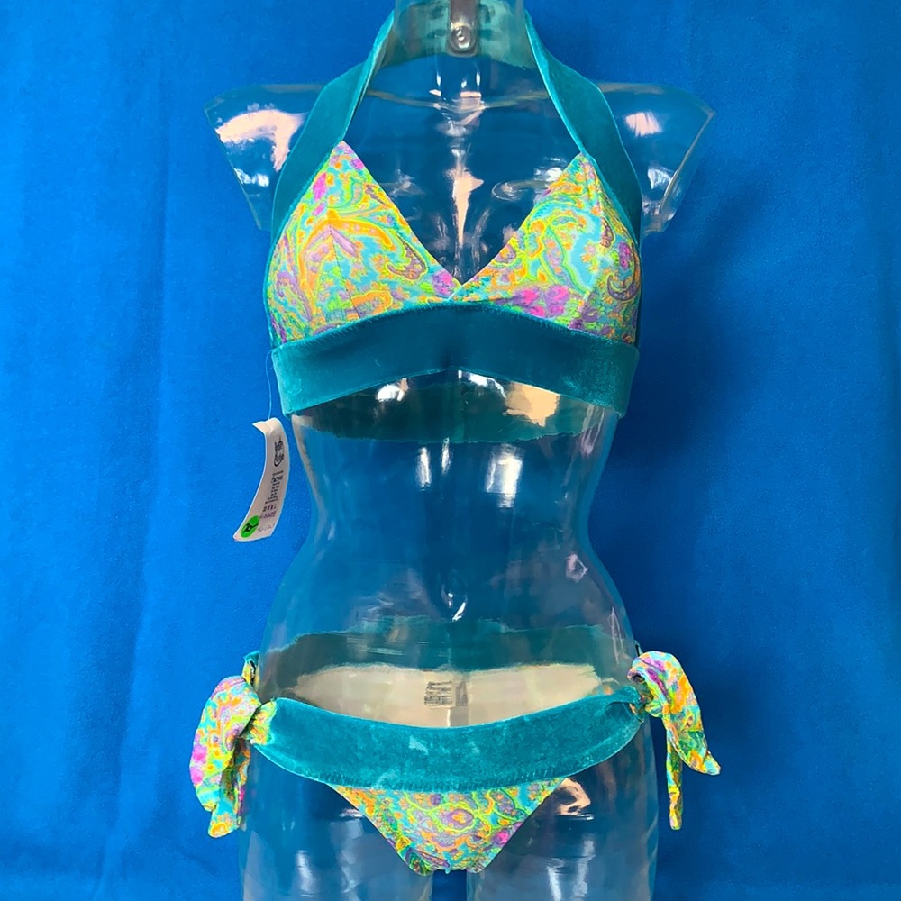 Neon Paisley Aqua Velvet Halter Hipster Bikini NWT